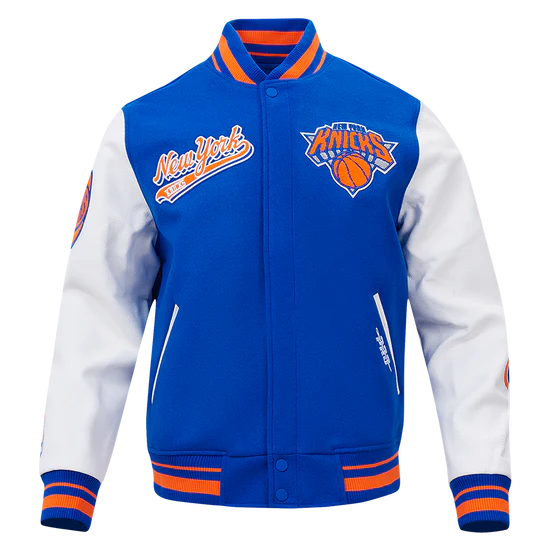 New York Knicks Script Tail Varsity Royal Blue Wool & White Genuine Leather Sleeves Men's Letterman Jacket