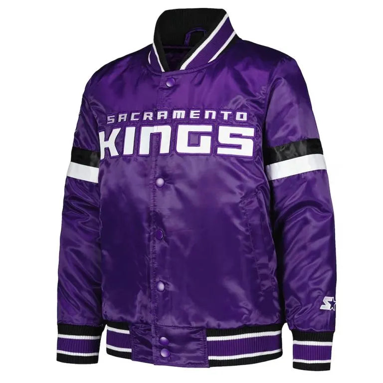 Sacramento Kings Youth Home Game Full-Snap Varsity Purple and Black Satin Men's Bomber Jacket