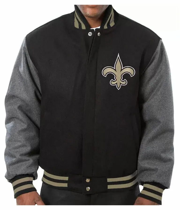 New Orleans Saints Black and Gray Wool Men's Varsity Letterman Jacket