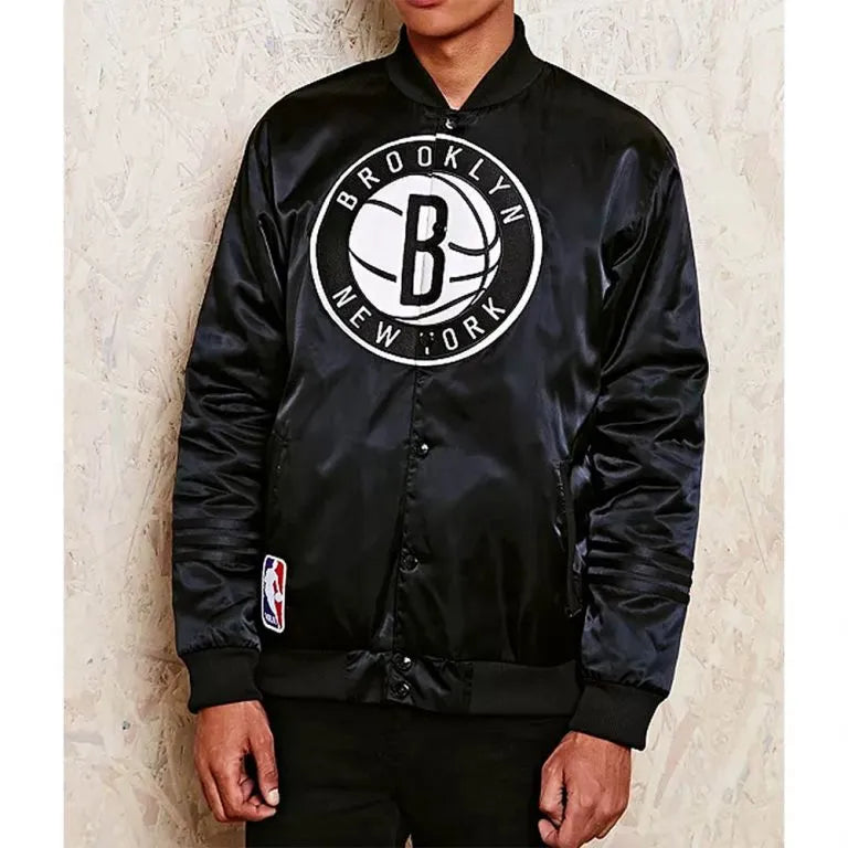 Brooklyn Nets Full-Snap Varsity Black Satin Men's Bomber Jacket