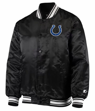 Indianapolis Colts Locker Room Full-Snap Varsity Black Satin Men's Bomber Jacket
