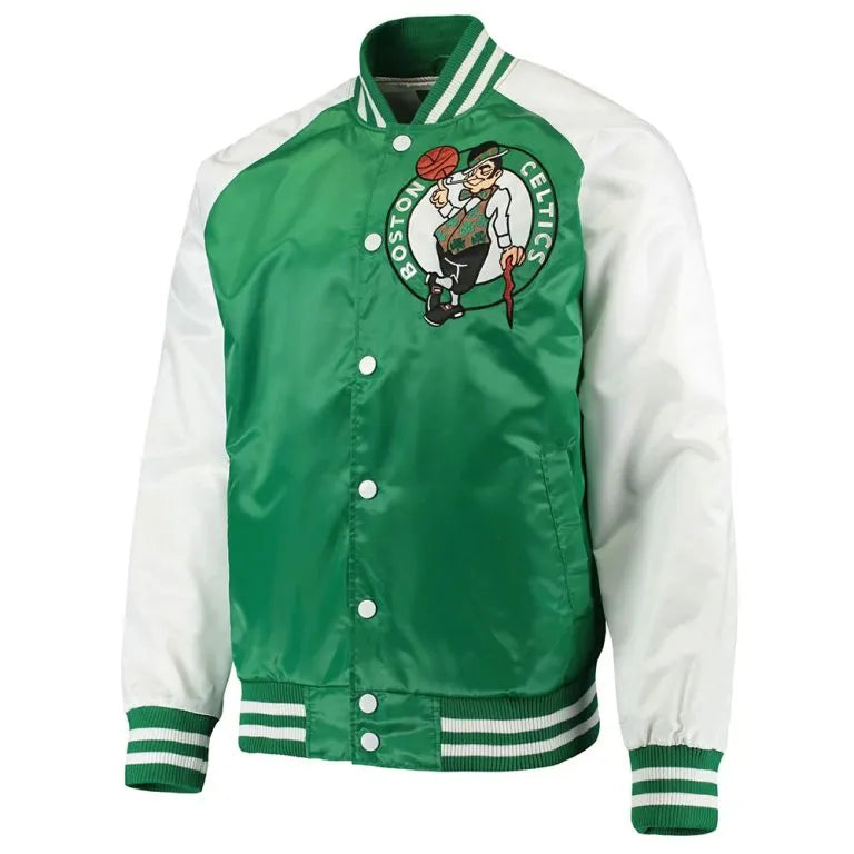 Boston Celtics Point Guard Full-Snap Varsity Kelly Green/White Satin Men's Bomber Jacket