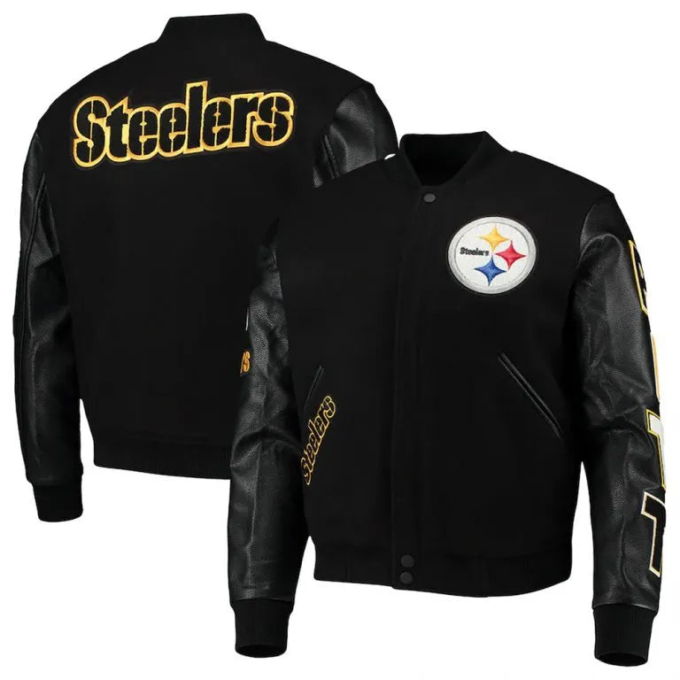 Pittsburgh Steelers Logo Black Wool & Genuine Leather Sleeves Men's Varsity Letterman Jacket