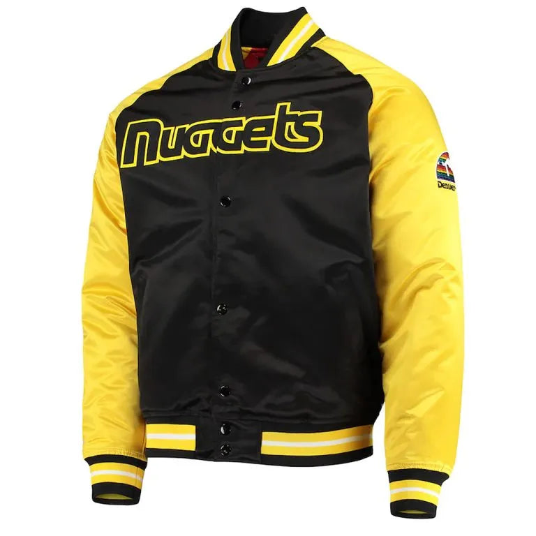 Denver Nuggets Reload 3.0 Hardwood Classics Full-Snap Varsity Black and Yellow Satin Men's Bomber Jacket
