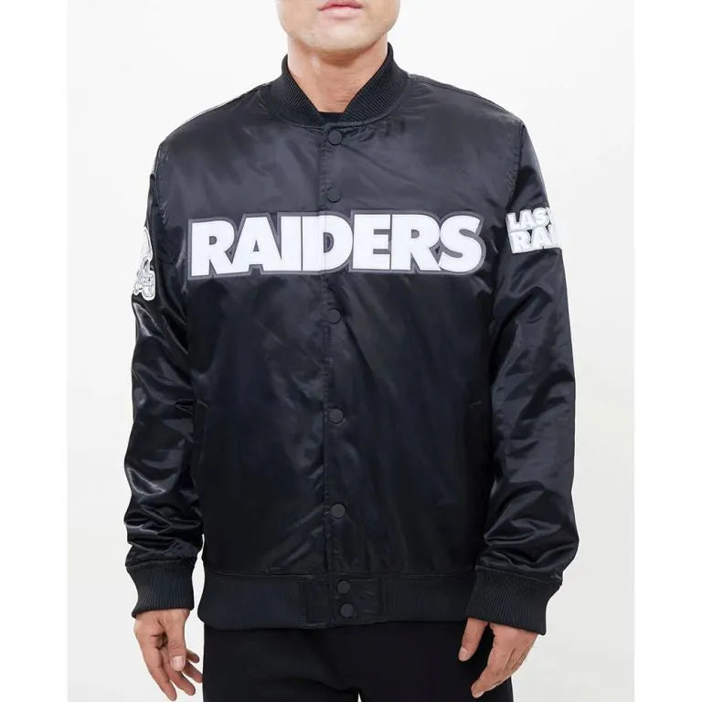 Los Angeles Raiders Big Logo Full-Snap Varsity Black Satin Men's Bomber Jacket