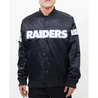 Los Angeles Raiders Big Logo Full-Snap Varsity Black Satin Men's Bomber Jacket