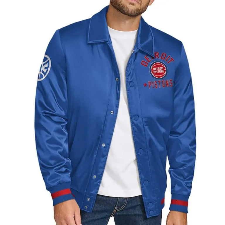 Detroit Pistons Stitch Applique Full-Snap Varsity Blue Satin Men's Bomber Jacket