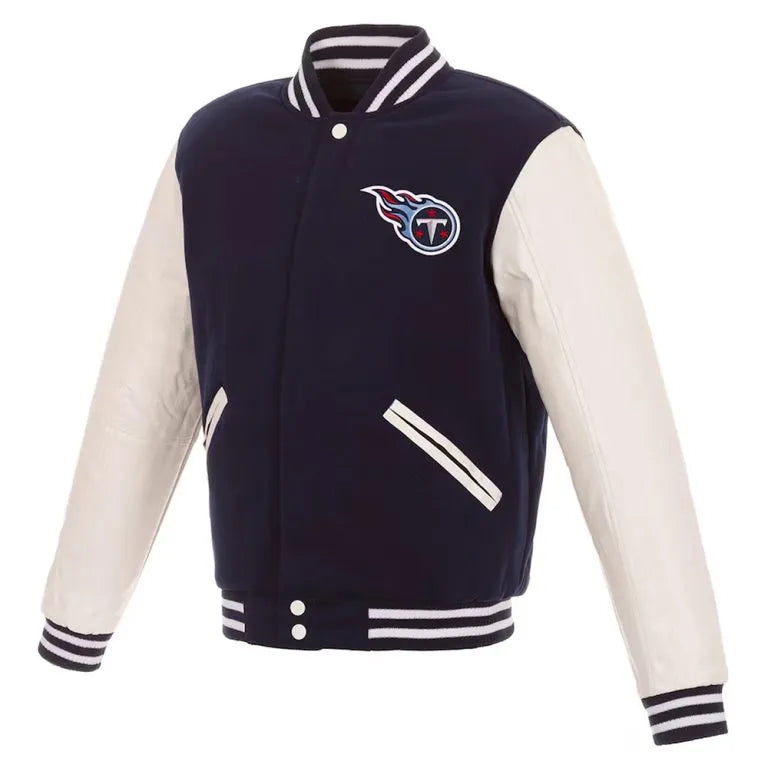Tennessee Titans Navy Blue Wool & White Genuine Leather Sleeves Men's Varsity Letterman Jacket