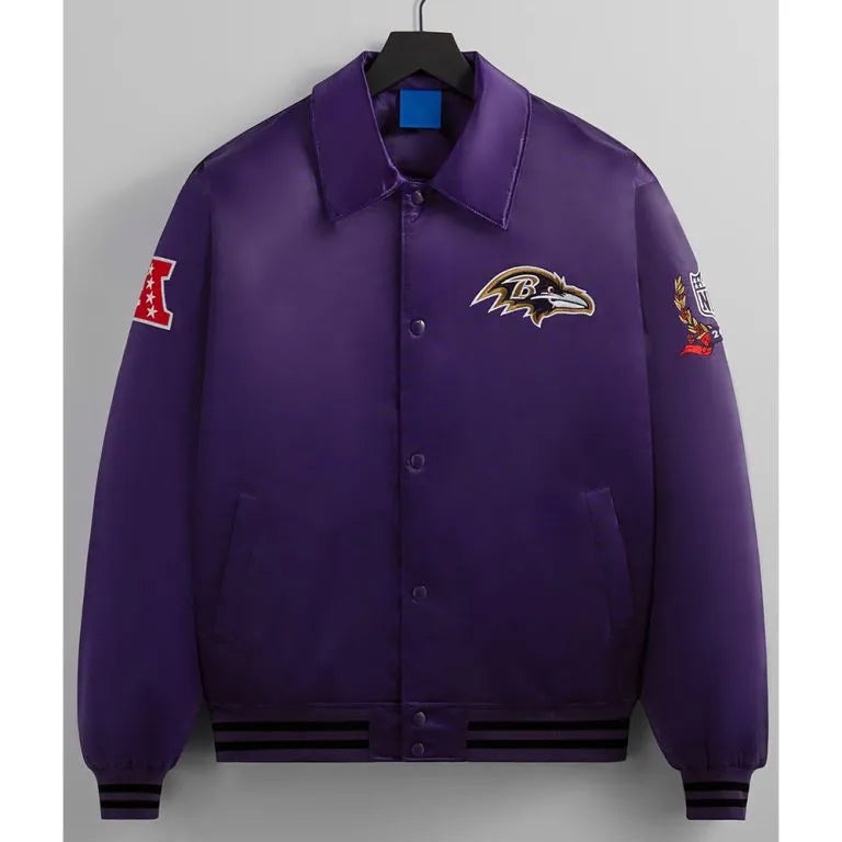 Baltimore Ravens Traveler Full-Snap Varsity Purple Satin Men's Bomber Jacket