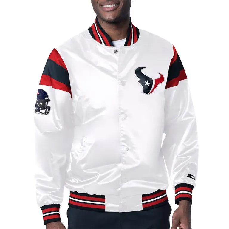 Houston Texan Midweight Full-Snap Varsity White Satin Men's Bomber Jacket