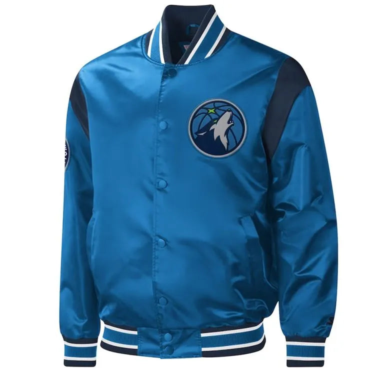 Minnesota Timberwolves Force Play Full-Snap Varsity Blue Satin Men's Bomber Jacket