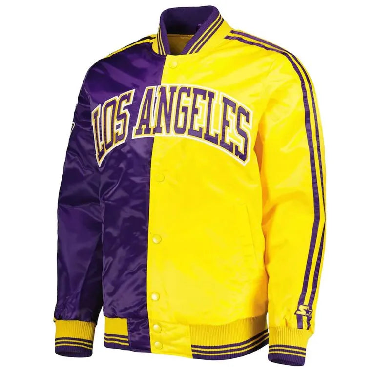 Los Angeles Lakers Fast Break Full-Snap Varsity Purple/Gold Satin Men's Bomber Jacket