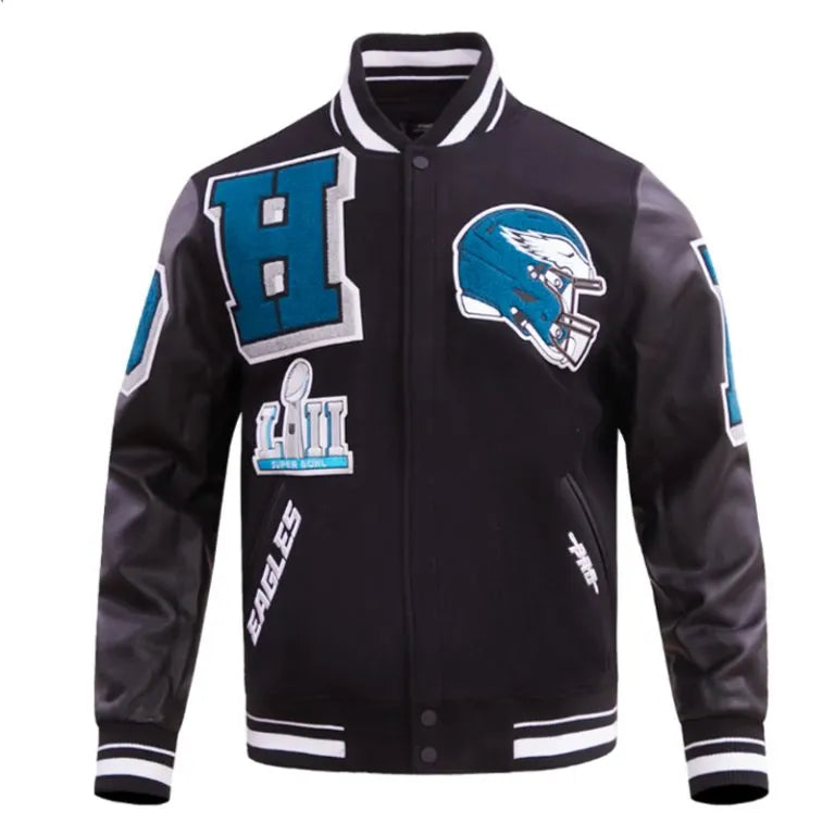 Philadelphia Eagles Mashup Rib Black Wool & Genuine Leather Sleeves Men's Varsity Letterman Jacket