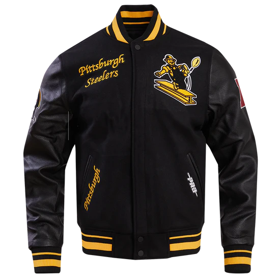 Pittsburgh Steelers Retro Classic Black Wool & Genuine Leather Sleeves Men's Varsity Letterman Jacket