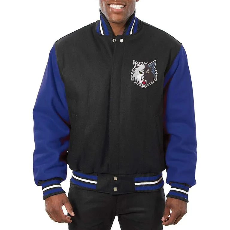 Minnesota Timberwolves Domestic Varsity Black and Royal Blue Wool Men's Letterman Jacket