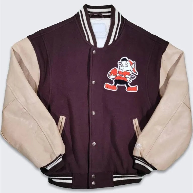 1964 Cleveland Browns Brown Wool & Beige Genuine Leather Sleeves Full-Snap Men's Varsity Jacket