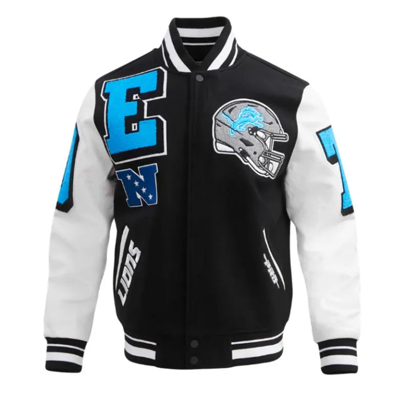 Detroit Lions Mashup Rib Black Wool & White Genuine Leather Sleeves Men's Varsity Jacket