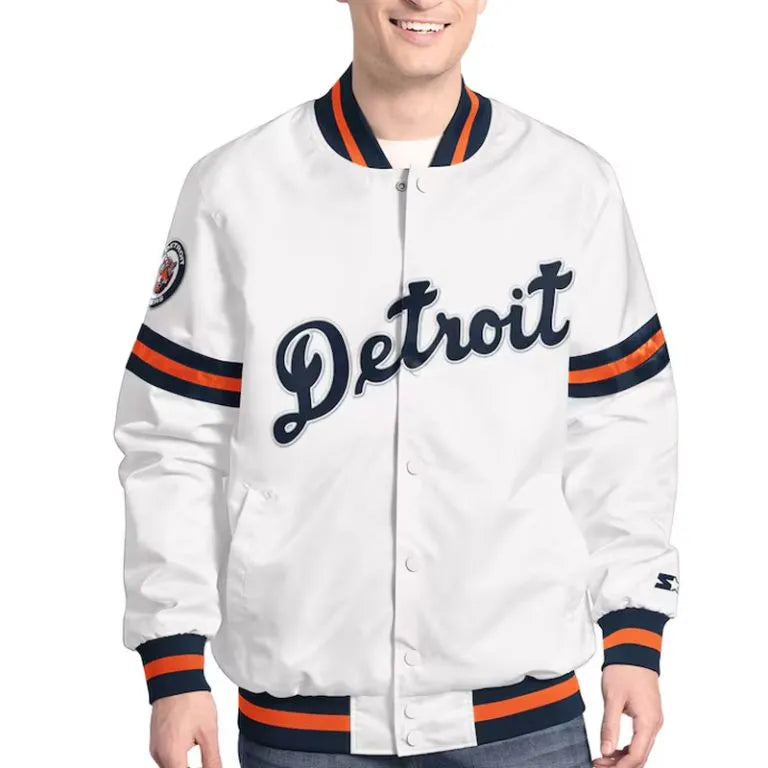 Detroit Tigers Scout Full-Snap Varsity White Satin Men's Jacket