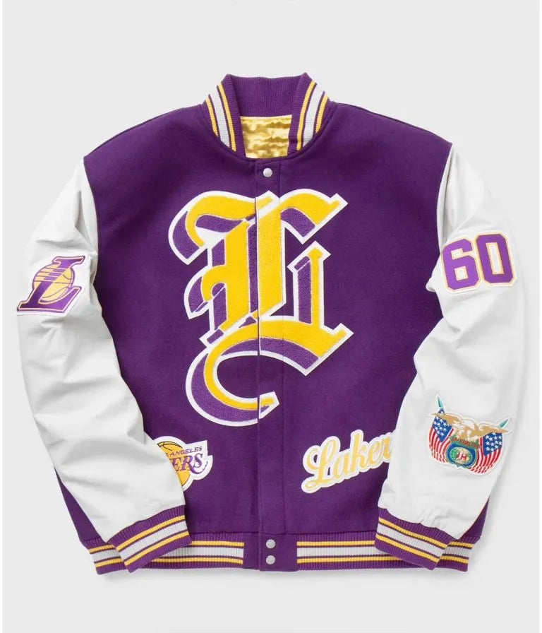 Los Angeles Lakers Varsity Purple Wool & White Genuine Leather Sleeves Men's Bomber Jacket