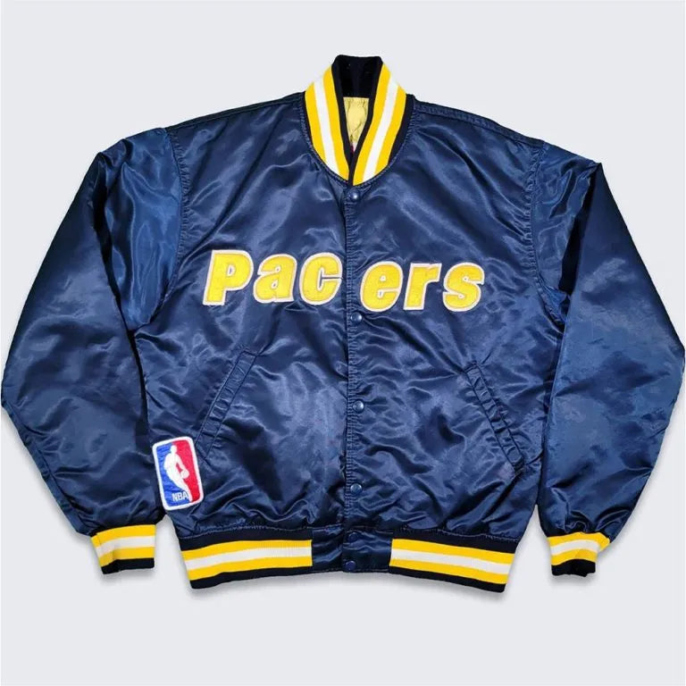 80’s Indiana Pacers Full-Snap Varsity Navy Blue Satin Men's Bomber Jacket