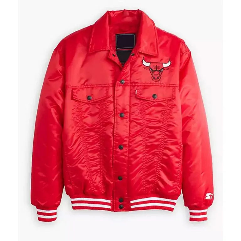 Chicago Bulls Trucker Full-Snap Varsity Red Satin Men's Bomber Jacket