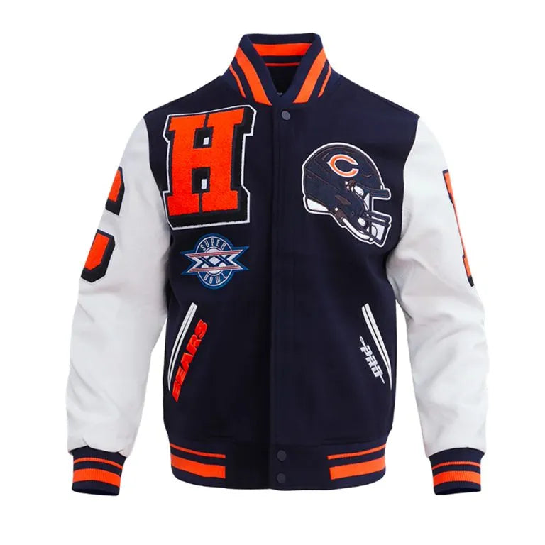 Chicago Bears Mashup Navy Blue Wool & White Genuine Leather Sleeves Men's Varsity Jacket