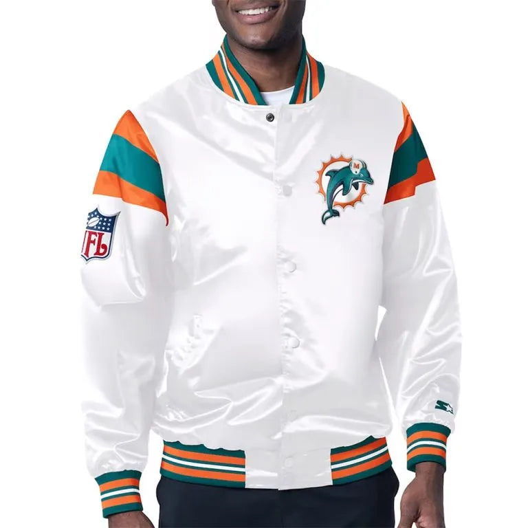Miami Dolphins Midweight Full-Snap Varsity White Satin Men's Bomber Jacket