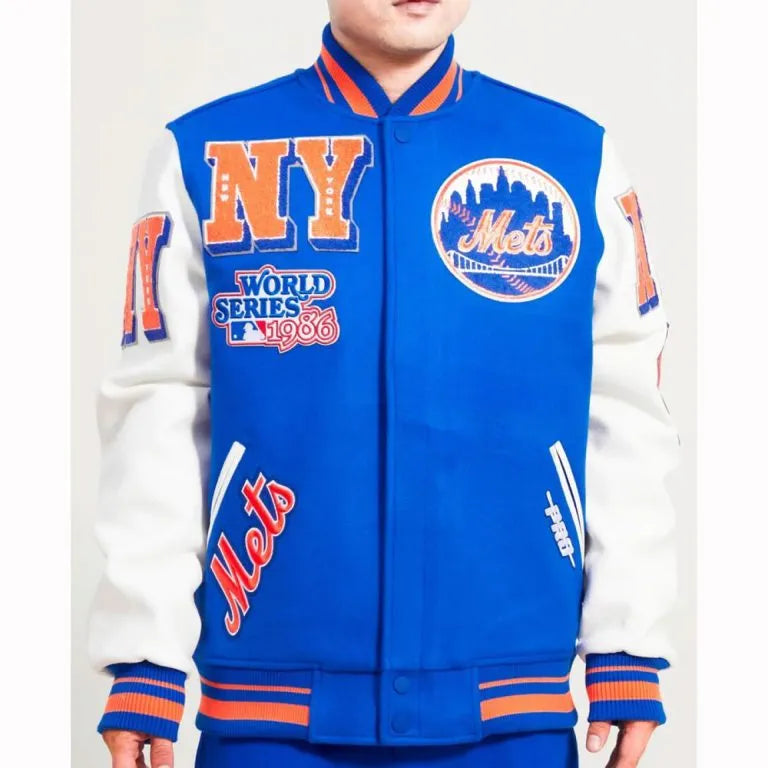 New York Mets Mash Up Full-Zip Varsity Blue/White Wool/Leather Men's Jacket