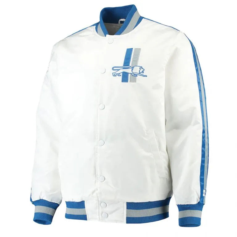 Detroit Lions Striped Throwback D-Line Full-Snap Varsity White Satin Men's Bomber Jacket