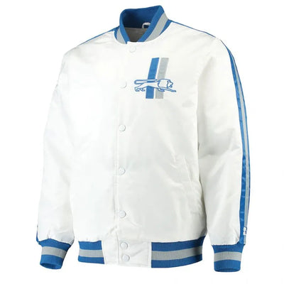 Detroit Lions Striped Throwback D-Line Full-Snap Varsity White Satin Men's Bomber Jacket
