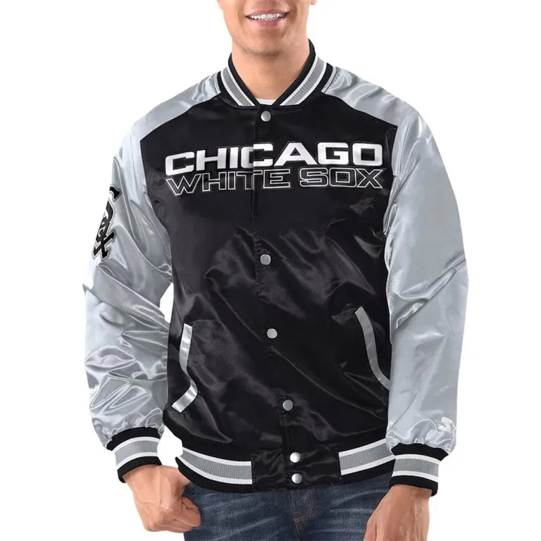 Chicago White Sox Renegade Full-Snap Varsity Black/Silver Satin Men's Jacket