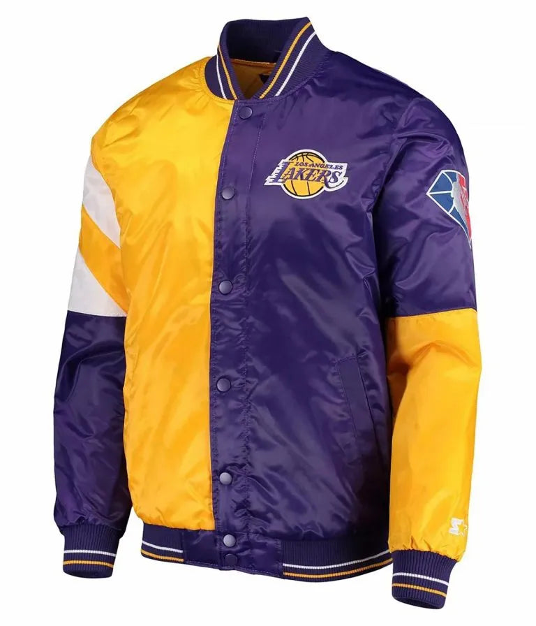 Los Angeles Lakers 75th Anniversary Leader Full-Snap Varsity Color Block Satin Men's Bomber Jacket