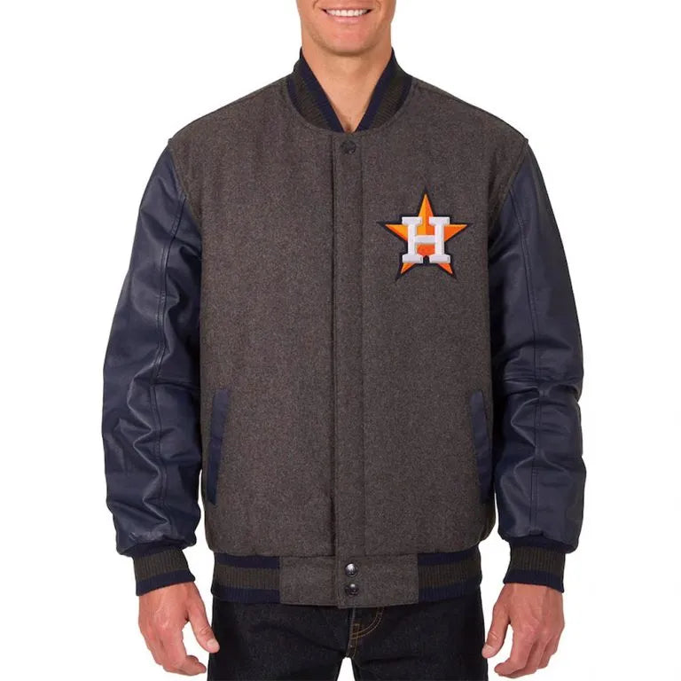 Houston Astros Charcoal Wool & Navy Blue Leather Sleeves Varsity Men's Jacket
