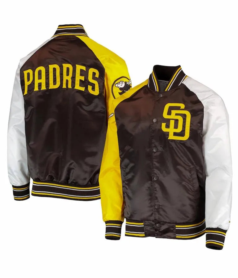 San Diego Padres Reliever Raglan Tri-Color Satin Varsity Full-Snap Men's Jacket