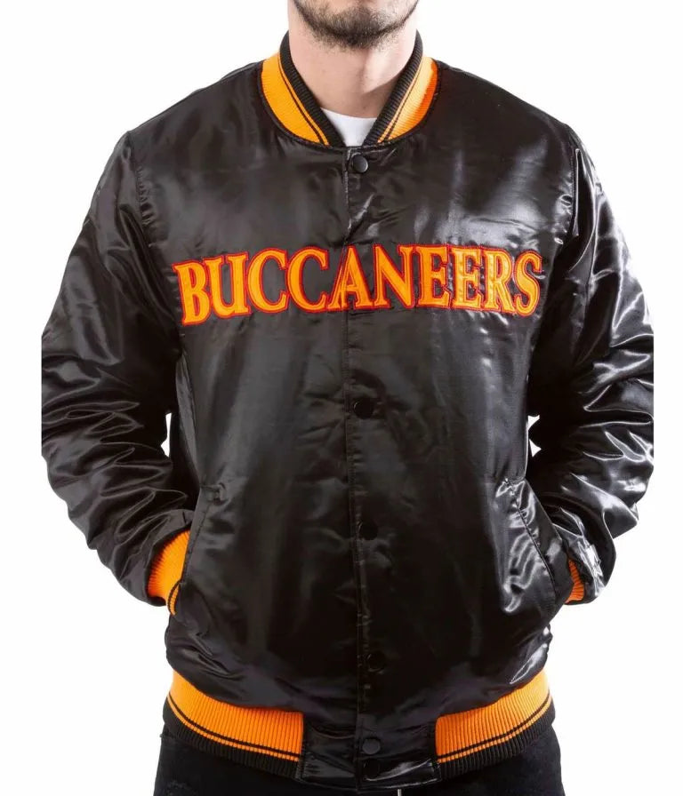Tampa Bay Buccaneers Full-Snap Varsity Black Satin Men's Bomber Jacket