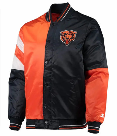 Chicago Bears Leader Full-Snap Varsity Navy Blue and Orange Satin Men's Bomber Jacket