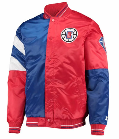 Los Angeles Clippers Color Block Full-Snap Varsity Red and Blue Satin Men's Bomber Jacket