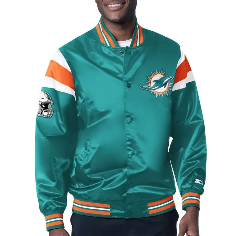 Miami Dolphins Midweight Full-Snap Varsity Aqua Satin Men's Bomber Jacket
