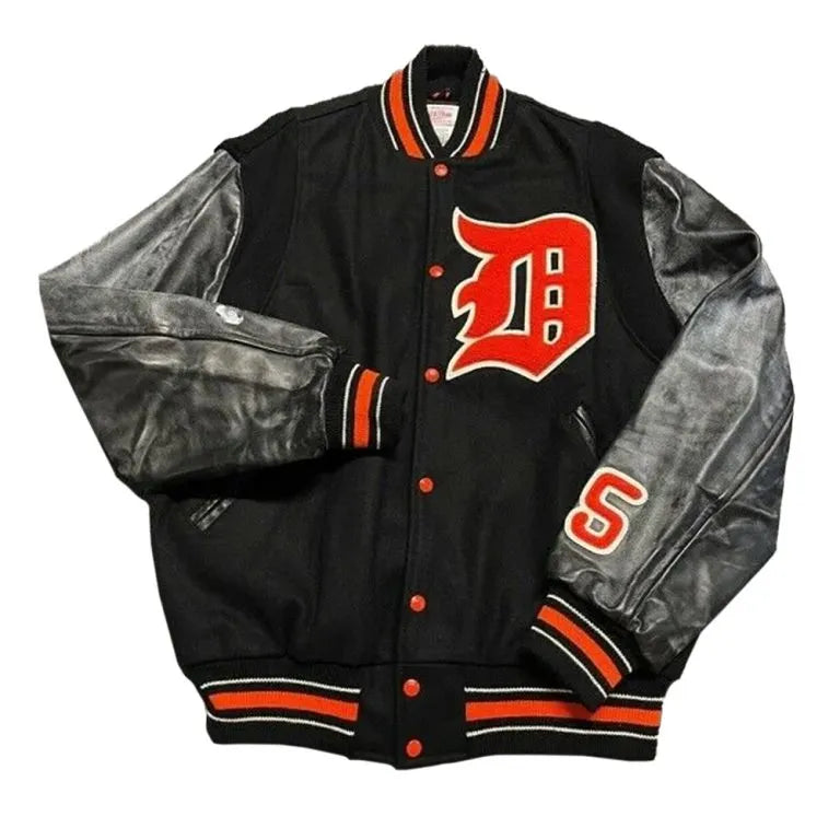 Detroit Tigers Black Wool & Leather Sleeves Letterman Full-Snap Men's Jacket