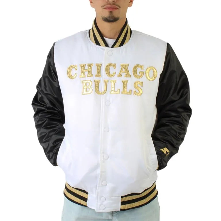 Chicago Bulls Full-Snap Varsity Black and White Satin Men's Bomber Jacket
