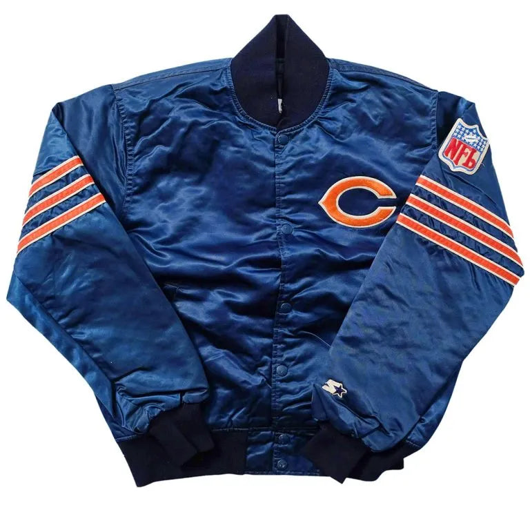 80’s Chicago Bears Full-Snap Varsity Blue Satin Men's Bomber Jacket
