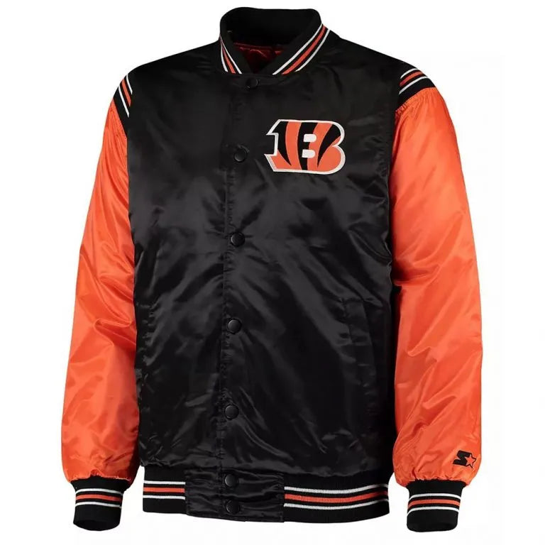 Cincinnati Bengals Enforcer Full-Snap Varsity Black and Orange Satin Men's Bomber Jacket