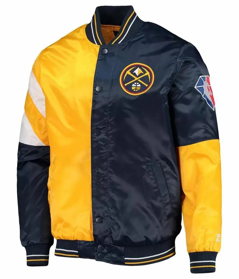 Denver Nuggets Color Block Full-Snap Varsity Navy Blue and Yellow Satin Men's Bomber Jacket