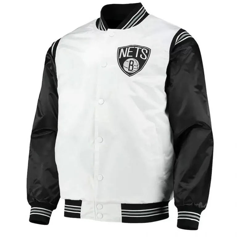 Brooklyn Nets Full-Snap Varsity White and Black Satin Men's Bomber Jacket