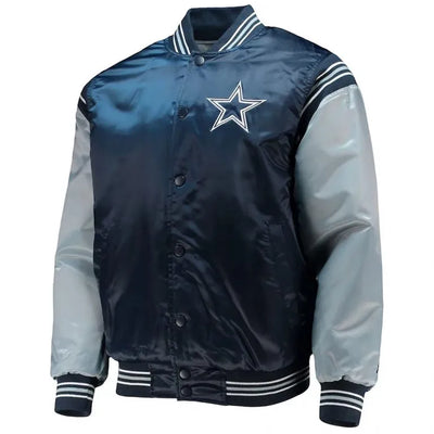 Dallas Cowboys Enforcer Full-Snap Varsity Navy/Silver Satin Men's Bomber Jacket
