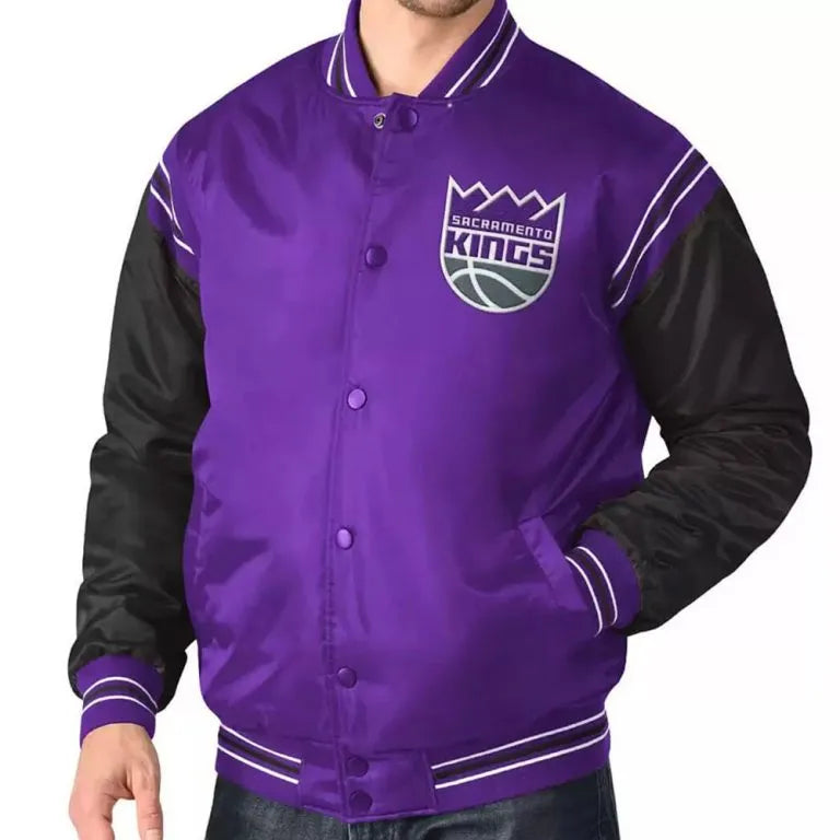 Sacramento Kings Renegade Full-Snap Varsity Purple and Black Satin Men's Bomber Jacket