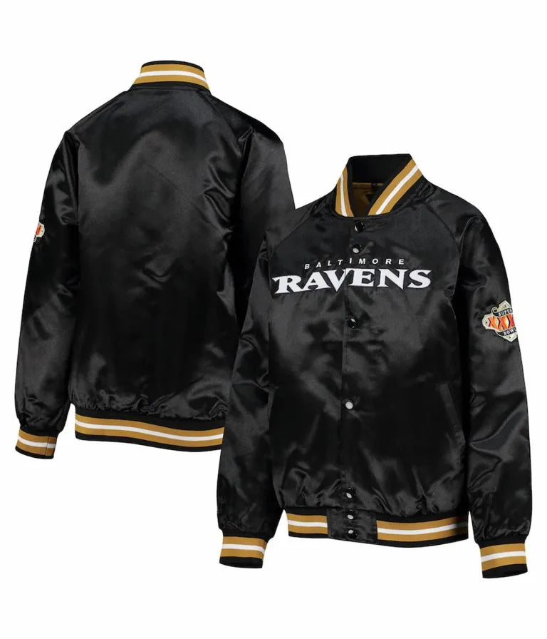 Baltimore Ravens Full-Snap Varsity Black Satin Men's Bomber Jacket