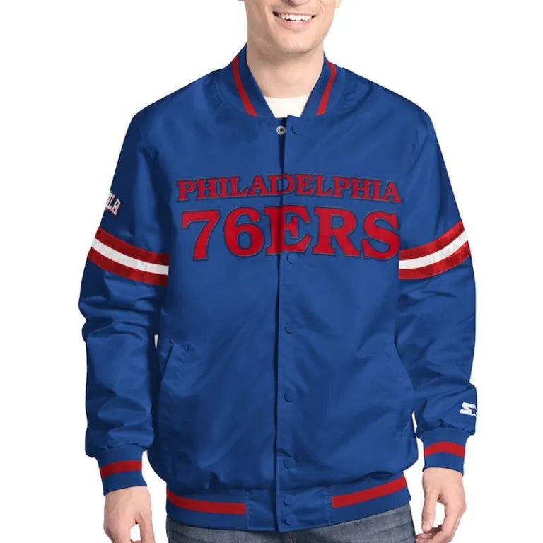 Philadelphia 76ers Scout Full-Snap Varsity Royal Blue Satin Men's Bomber Jacket
