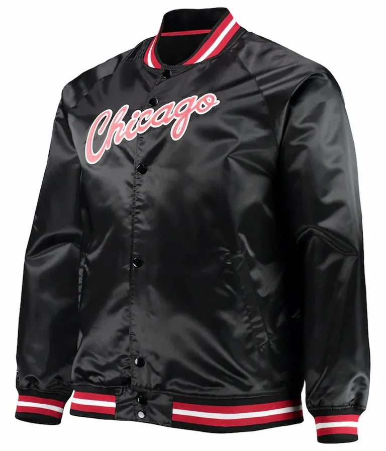 Chicago Bulls Hardwood Classics Raglan Full-Snap Varsity Black Satin Men's Bomber Jacket