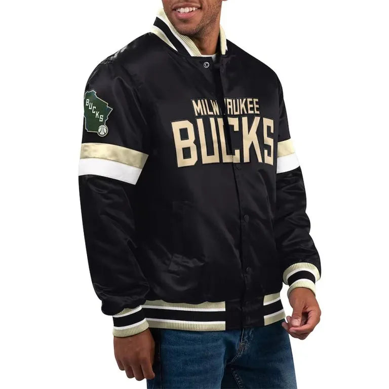 Milwaukee Bucks Home Game Full-Snap Varsity Black Satin Men's Bomber Jacket